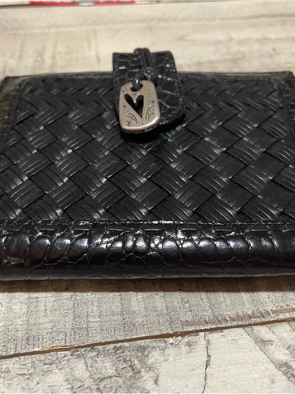 Brighton Black Woven Leather Bifold Wallet with Silver Heart Accent